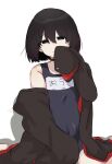  1girl absurdres barefoot black_choker black_eyes black_hair black_jacket blue_one-piece_swimsuit bob_cut borrowed_clothes character_name choker closed_mouth commentary covered_navel covering_own_mouth empty_eyes flat_chest gakuran hair_between_eyes hand_to_own_mouth hand_up highres jacket jacket_over_swimsuit light_smile loose_hair_strand monogatari_(series) naoetsu_high_school_uniform narrowed_eyes new_school_swimsuit off_shoulder on_ground one-piece_swimsuit open_clothes open_jacket oshino_ougi oversized_clothes red_trim school_swimsuit school_uniform shadow short_hair simple_background sitting sketch sleeves_past_fingers sleeves_past_wrists smile solo swimsuit translated tsugumi_(tgm_615486) very_long_sleeves wariza white_background 
