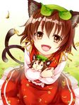  :d animal_ears brown_eyes brown_hair cat_ears cat_tail character_doll chen dress fangs from_above fuusha hat jewelry leaf looking_at_viewer multiple_tails o3o open_mouth short_hair single_earring smile solo tail touhou 