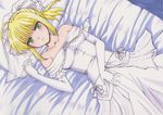  ahoge artoria_pendragon_(all) bad_id bad_pixiv_id bare_shoulders blonde_hair blush bow bridal_veil dress elbow_gloves fate/stay_night fate_(series) flower gloves green_eyes highres jewelry lying necklace on_back on_bed pillow rascal_(n119) saber solo veil wedding_dress 