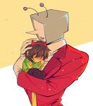  1boy 1other absurdres ant_tenna brown_hair brown_pants carrying carrying_person collared_shirt crt deltarune fake_horns gloves green_shirt hairband hand_on_another's_head highres horn_hairband horns jacket kris_(deltarune) long_nose necktie object_head pants partially_shaded_face pointy_nose radio_antenna red_hairband red_jacket shirt short_hair size_difference smile utdr_(toby_fox) white_gloves white_shirt yellow_necktie yp_katelove 