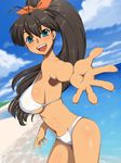  1girl beach bikini breasts kawanuma_uotsuri large_breasts looking_at_viewer ocean ponytail smile swimsuit 