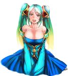  blue_eyes blue_hair breasts cleavage collarbone detached_sleeves dress gradient_hair hair_ornament highres large_breasts league_of_legends long_hair looking_at_viewer multicolored_hair open_mouth rein00 signature solo sona_buvelle 