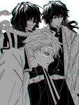  3boys bandages_over_mouth belt candy_yyn closed_mouth cowboy_shot greyscale haori highres iguro_obanai jacket japanese_clothes kikkoumon kimetsu_no_yaiba kimono long_hair low_ponytail monochrome multiple_boys pants ponytail print_haori profile shinazugawa_sanemi short_hair simple_background snake spiked_hair striped_clothes striped_kimono tomioka_giyuu white_background 