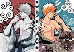  2boys abs back-to-back black_sclera bleach brown_eyes chest copyright_name dual_persona duo grin kamome_(momeso) kurosaki_ichigo male male_focus multiple_boys multiple_persona nipples off_shoulder open_clothes open_shirt orange_hair robe shirosaki_hichigo shirt sitting smile tongue white_hair yellow_eyes zangetsu 