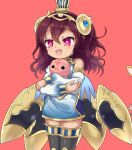  1girl animal bare_shoulders black_thighhighs blue_dress blue_sleeves blue_wings breasts brown_hair detached_sleeves dress emil_chronicle_online floating floating_object hair_ornament holding holding_animal iris_anemone isis_(eco) open_mouth purple_eyes red_background sleeveless sleeveless_dress small_breasts thighhighs wings 