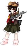  brown_hair cowboy_hat frills glasses gloves gun hat heart heart_of_string lace lowres original parody red_eyes ribbon rifle simple_background skirt sniper_rifle socks solo team_fortress_2 the_sniper touhou trigger_discipline vest weapon 
