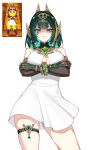  1girl absurdres alternate_costume animal_crossing bare_shoulders black_gloves breasts center_opening character_request closed_mouth commentary crossed_arms dress earpiece earrings elbow_gloves facial_mark foxyreine genshin_impact gloves green_eyes green_hair has_bad_revision has_cropped_revision has_watermarked_revision headgear highres jewelry large_breasts looking_at_viewer mark_under_eye md5_mismatch medium_hair mole mole_under_eye nefer_(genshin_impact) partially_shaded_face reference_inset resolution_mismatch signature simple_background smile solo source_smaller symbol-shaped_pupils thigh_strap thighs triangle-shaped_pupils white_background white_dress 