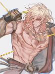  1boy abs arm_tattoo armlet black_coat blonde_hair braid chest_tattoo clawed_gauntlets coat commentary earrings english_commentary facial_tattoo gold_earrings gold_necklace gradient_hair grey_background highres honkai:_star_rail honkai_(series) impaled jewelry male_focus medium_hair multicolored_hair mydei_(honkai:_star_rail) necklace open_clothes open_coat pikminpurplest red_hair red_tattoo side_braid simple_background solo tattoo toned toned_male yellow_blood yellow_eyes 