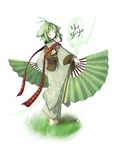  animal_ears antenna_hair barefoot character_name closed_eyes dancing dual_wielding fan folding_fan full_body grass green_hair highres holding japanese_clothes kazana_(sakuto) kiki_(kazana) kimono obi original robe sash short_hair simple_background smile solo white_background 