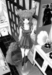  animal_ears blush breasts fox_ears fox_tail greyscale kabaji long_hair looking_at_viewer medium_breasts monochrome original solo tail traditional_media 