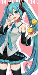  aqua_eyes aqua_hair bad_id bad_pixiv_id banned_artist bird chick detached_sleeves harano hatsune_miku long_hair necktie one_eye_closed open_mouth skirt thighhighs twintails very_long_hair vocaloid 