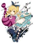  akamega alice_(wonderland) alice_(wonderland)_(cosplay) alice_in_wonderland apron bad_id bad_pixiv_id blonde_hair cheshire_cat cookie cosplay dress drill_hair food gun hair_ribbon magical_musket mahou_shoujo_madoka_magica mouth_hold pantyhose ribbon shoes striped striped_legwear tomoe_mami weapon white_background yellow_eyes 