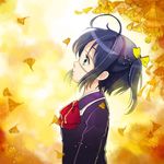  blazer blue_eyes blue_hair bow chuunibyou_demo_koi_ga_shitai! dorris eyepatch falling ginkgo jacket leaf looking_up one_side_up profile school_uniform short_hair solo takanashi_rikka 