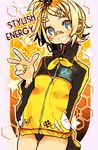  bad_id bad_pixiv_id blonde_hair blue_eyes grin hair_ornament hair_ribbon hairclip headset jacket kagamine_rin poyopoyo23 project_diva_(series) project_diva_f ribbon short_hair smile solo stylish_energy_(module) v vocaloid 