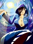  1girl black_hair breasts cleavage fishman_island hair hair_over_one_eye highres hood large_breasts lining madame_shirley mermaid monster_girl one_piece over_one_eye short_hair solo underwater 