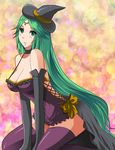  blush bow breasts cleavage costume elbow_gloves gloves green_eyes green_hair halloween hat highres kid_icarus kid_icarus_uprising kneeling kukua_(mosushi) large_breasts long_hair palutena solo thighhighs very_long_hair witch_hat 