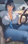  1girl alternate_costume archinoer black_bra blue_eyes blue_hair blue_nails blue_necktie bra bra_peek breasts car_interior car_seat cleavage collared_shirt denim hair_intakes highres hololive hololive_english jeans jewelry large_breasts looking_at_viewer loose_necktie nail_polish necklace necktie open_mouth ouro_kronii pants partially_unbuttoned round_eyewear seatbelt shirt shirt_tucked_in short_hair sitting solo steering_wheel underwear virtual_youtuber white_shirt window 