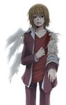  asymmetrical_wings bags_under_eyes bangs blazer blood brown_eyes brown_hair clothes_grab collarbone collared_shirt cowboy_shot dress_shirt eyebrows_visible_through_hair hair_between_eyes idora_(idola) injury jacket kakine_teitoku long_sleeves looking_at_viewer male_focus multiple_wings off_shoulder open_clothes open_jacket open_shirt outstretched_arm pants red_shirt scared school_uniform scratches shirt simple_background solo tearing_up to_aru_majutsu_no_index torn_clothes torn_shirt undershirt v-neck wavy_eyebrows white_background white_shirt winged_arms wings 