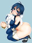  ass blue_eyes blue_hair blush boots breasts cravat detached_sleeves high_heels kneeling large_breasts lips majoccoid no_panties parted_lips persona persona_4 persona_4_the_golden shirogane_naoto shoes short_hair solo thigh_boots thighhighs thighs 