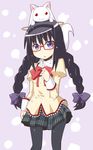  :3 akemi_homura black_hair black_legwear blush bow braid creature_on_head glasses hair_bow hairband juliet_sleeves kyubey long_hair long_sleeves magical_girl mahou_shoujo_madoka_magica miiyon pantyhose puffy_sleeves purple_eyes red-framed_eyewear school_uniform semi-rimless_eyewear skirt twin_braids twintails under-rim_eyewear 