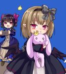  2girls :t black_dress black_hair black_hairband black_ribbon black_wings blonde_hair blue_background blue_bow blue_bowtie blue_jacket boots bow bowtie brown_boots camera dark_feather_alma death_alma dress emil_chronicle_online hair_rings hairband holding holding_camera holding_stuffed_toy iris_anemone jacket long_sidelocks multiple_girls official_alternate_costume open_mouth pointy_ears purple_eyes red_eyes ribbon ribbon-trimmed_hairband sidelocks stuffed_animal stuffed_rabbit stuffed_toy white_dress wings 