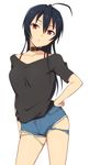  ahoge black_hair bra_strap choker chuunibyou_demo_koi_ga_shitai! collar collarbone cutoffs denim denim_shorts hand_on_hip hashi long_hair looking_at_viewer red_eyes short_shorts shorts simple_background solo takanashi_touka torn_clothes white_background 