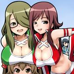  akana_rui blue_eyes blue_hair breast_rest breasts breasts_on_head brown_eyes brown_hair chousoku_henkei_gyrozetter cleavage glasses green_eyes green_hair hair_over_one_eye large_breasts leaning_forward long_hair midriff mizuki_yuika multiple_girls navel open_mouth race_queen santoo_takeshi semi-rimless_eyewear shoudou_kotoha tsukisato_kirari twintails under-rim_eyewear 