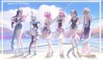  6+girls aglaea_(honkai:_star_rail) alternate_costume animal_ears arm_under_breasts arms_behind_back backless_dress backless_outfit bare_shoulders black_tiara blonde_hair blue_dress blue_eyes blue_hair blue_shoes blue_sky bow_(music) breasts castorice_(honkai:_star_rail) cat_ears cat_girl cat_tail cerydra_(honkai:_star_rail) chenmzi_sasa cipher_(honkai:_star_rail) cleavage closed_mouth cloud commentary_request crown dress drill_hair ears_through_hood flower from_behind full_body gradient_clothes gradient_dress green_eyes grey_hair hair_flower hair_intakes hair_ornament hand_up hands_up high_heels highres holding holding_bow_(music) honkai:_star_rail honkai_(series) hooded_leotard hyacine_(honkai:_star_rail) hysilens_(honkai:_star_rail) instrument large_breasts long_hair looking_at_viewer mini_crown mountainous_horizon multiple_girls music outdoors pink_hair playing_instrument pointy_ears purple_dress purple_eyes purple_hair shoes short_hair single_thighhigh sky smile tail thighhighs tiara twin_drills twintails very_long_hair water white_shoes 