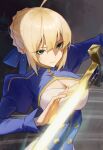  1girl absurdres ahoge alternate_breast_size_(larger) artoria_pendragon_(fate) blue_dress blue_ribbon braid breasts cleavage closed_mouth commentary dress excalibur_(fate/stay_night) fate/stay_night fate_(series) glowing glowing_sword glowing_weapon green_eyes hair_ribbon highres holding holding_sword holding_weapon juliet_sleeves lips long_sleeves looking_at_viewer medium_breasts puffy_sleeves ribbon saber_(fate) short_hair smile solo sword vyva weapon 