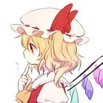  ascot blonde_hair finger_to_mouth flandre_scarlet from_side hat hat_ribbon honotai profile red_eyes ribbon short_hair side_ponytail solo thinking touhou upper_body white_background wings 