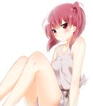  bare_shoulders blush collarbone dress highres kurean magi_the_labyrinth_of_magic morgiana one_side_up red_eyes red_hair short_hair simple_background sitting solo white_background 