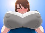  1girl blush breasts brown_hair female from_below gff huge_breasts open_mouth red_eyes 