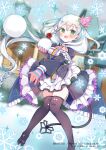  1girl black_bow black_dress black_thighhighs blue_gloves bow bow_legwear braid copyright_notice dragon_tail dress flower frilled_dress frills gloves green_eyes grey_hair hair_flower hair_ornament holding holding_snowball long_hair lyrph_(z/x) multicolored_gloves official_art open_mouth outdoors pink_flower pink_gloves red_flower red_rose rose satsuki_mayuri shoes side_braid single_braid snow snowball snowball_fight snowflakes solo tail thighhighs throwing very_long_hair white_bow white_shoes winter z/x 