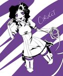  1girl arrancar black_hair bleach boots character_name cirucci_sanderwicci dress drill_hair facial_mark fingerless_gloves gloves hair_ornament hifumi_(art_sky_littel) kneeling lipstick makeup monochrome nail_polish open_mouth puffy_sleeves purple_eyes purple_lipstick purple_nails short_twintails solo spot_color thigh_strap twintails wavy_hair whip 