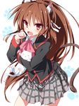  animal_ears bad_id bad_pixiv_id bell bow brown_eyes brown_hair cat cat_ears cat_tail fang lennon little_busters! long_hair looking_at_viewer natsume_rin neo1031 open_mouth pink_bow plaid plaid_skirt ponytail school_uniform skirt solo tail white_background 