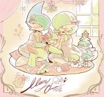  1boy 1other 2girls ^_^ absurdres artist_name bell blanket blue_hair blunt_bangs blush bob_cut border bow bowl_cut box character_doll christmas christmas_ornaments christmas_tree closed_eyes closed_mouth clothed_pokemon colored_skin commentary_request covered_eyes cup cushion detached_collar doll drink drinking english_commentary english_text eye_contact family flat_chest flower fur_trim gallade gardevoir gift gift_box green_skin hair_flower hair_ornament hair_over_eyes hair_over_one_eye hairband hands_up happy heart highres holding holding_cup holding_drink holly_hair_ornament in_container indoors jar kirlia kneeling knitting_needle looking_at_another mega_gallade mega_gardevoir mega_pokemon merry_christmas mistletoe mixed-language_commentary mohawk mug multicolored_hair multicolored_skin multiple_girls neck_ribbon needle on_floor one_eye_covered open_mouth partial_commentary pink_border pink_bow pink_ribbon pink_scarf pokemon pokemon_(creature) pom_pom_(clothes) ralts red_eyes red_flower ribbon scarf seiza signature sitting smile snowflakes staryu steam striped_clothes striped_scarf two-tone_hair two-tone_skin white_hairband white_skin window yarn yarn_ball yueryu_(taroyuer2) 