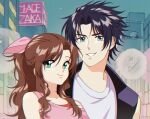  1980s_(style) 1boy 1girl aerith_gainsborough bare_shoulders black_hair black_jacket blue_eyes brown_hair building city city_lights closed_mouth dress english_commentary final_fantasy final_fantasy_vii green_eyes hair_ribbon height_difference high_ponytail highres jacket long_hair looking_at_viewer montaro night night_sky open_clothes open_jacket outdoors parted_bangs parted_lips pink_dress pink_ribbon ponytail retro_artstyle ribbon shirt sky smile spiked_hair upper_body white_shirt zack_fair 