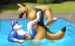  anal anal_penetration anthro biceps canine chest_tuft claws dog dragoneer duo eyes_closed fangs fur gay german_shepherd gripping gsd holding husky inflatable kiyo kiyo_(character) male mammal muscles nude open_mouth pecs penetration pool pool_toy sex sex_toy squeeze standing swimming_pool tongue tuft water wet 