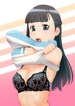  :o black_bra black_eyes black_hair blush bra breasts chousoku_henkei_gyrozetter cleavage detached_sleeves long_hair looking_at_viewer medium_breasts mizuki_yuika shirt_lift solo ueyama_michirou underwear undressing 