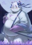 4_fingers absurd_res anthro asian_clothing bell belly blush bottomwear bow_tie bulge cai1448331577 chest_tuft claws clothing east_asian_clothing eyewear felid feline finger_claws fingers flower fundoshi fur fur_markings glasses hi_res japanese_clothing loincloth male mammal markings moon navel overweight overweight_male plant solo tuft underwear white_bottomwear white_clothing white_fundoshi white_loincloth white_underwear yukata