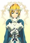  armor blonde_hair blue_eyes cape gauntlets highres holding looking_at_viewer original short_hair solo sword touryou weapon 