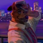 2021 ace_hart anthro bedroom_eyes black_eyebrows black_lips black_nose bust_portrait canid canine canis cheek_tuft city city_lights cityscape clothing collared_shirt digital_media_(artwork) digital_painting_(artwork) dim_lighting dog_city domestic_dog dyna_inugata eyebrows facial_markings facial_tuft fur german_shepherd glistening glistening_eyes glistening_lips grin hand_on_hat hat head_markings headgear headwear herding_dog humanoid_hands light lighting lips looking_aside looking_aside_at_viewer male mammal markings muzzle_(marking) narrowed_eyes necktie orange_body orange_fur outside painting_(artwork) pastoral_dog pattern_necktie pink_inner_ear pointy_ears portrait purple_sky railing river seductive shaded shadow shirt side_view sky smile solo striped_necktie suspenders thin_eyebrows topwear trilby tuft white_clothing white_shirt white_topwear