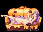  ass bandages barefoot blue_eyes breasts butt_crack candy couch eating food glasses halloween jack-o'-lantern kawagoe_pochi large_breasts lollipop long_hair looking_at_viewer lying on_side original panties pumpkin purple_hair underboob underwear very_long_hair 