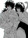  3boys alternate_costume bandages_over_mouth candy_yyn closed_mouth collared_shirt cowboy_shot crossed_arms fingernails greyscale hand_up highres iguro_obanai jacket kimetsu_no_yaiba long_hair low_ponytail monochrome multiple_boys pants ponytail profile scar scar_on_face shinazugawa_sanemi shirt short_hair simple_background snake spiked_hair tomioka_giyuu vest white_background 
