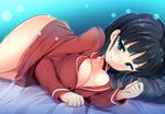  black_hair blue_eyes blush bottomless breasts cleavage hinata_sora kirigaya_suguha large_breasts looking_at_viewer lying naked_shirt on_side pajamas pillow shirt short_hair smile solo sword_art_online 