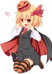  :d blonde_hair blush cape colored_stripes dress_shirt fang full_body gamuo hair_ribbon halloween heart highres jack-o'-lantern long_sleeves looking_at_viewer necktie open_mouth pleated_skirt red_eyes red_neckwear ribbon rumia shirt short_hair simple_background skirt smile solo striped striped_legwear thighhighs touhou vest white_background white_shirt 