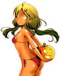  :d ahoge ao_usagi arched_back arms_behind_back ass bikini dark_skin fang from_behind glowing green_hair hair_ornament hairclip halloween holding jack-o'-lantern long_hair looking_back no_eyes open_mouth orange_skin original personification side-tie_bikini simple_background smile smiley_face solo striped striped_bikini swimsuit twintails 