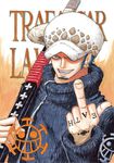  1boy blue_hair character_name earrings facial_hair fuzzy_hat goatee hat jacket jewelry jolly_roger kyo_(pixiv2376063) male male_focus middle_finger nodachi one_piece pirate red_string scabbard sheath sheathed shichibukai solo string sword tattoo trafalgar_law weapon 