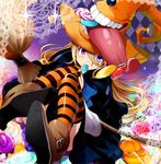  bad_id bad_pixiv_id blonde_hair blush broom candy food hat hirococo holding lollipop long_hair looking_at_viewer original purple_eyes solo striped striped_legwear swirl_lollipop thighhighs tongue 