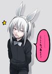  accelerator animal_ears bunny_boy bunny_ears idora_(idola) looking_at_viewer male_focus red_eyes simple_background smile solo to_aru_majutsu_no_index translated white_hair 